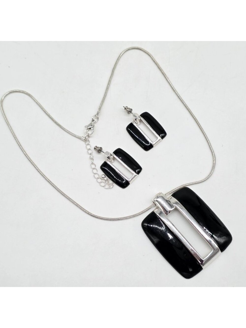 Vintage 1980s Silver & Black Enamel Pendant Necklace & Earrings Set